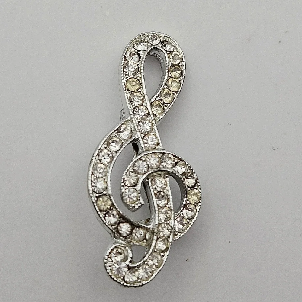 Silver Tone Treble Clef Musical Note Rhinestone Brooch Pin Music Teacher Gift